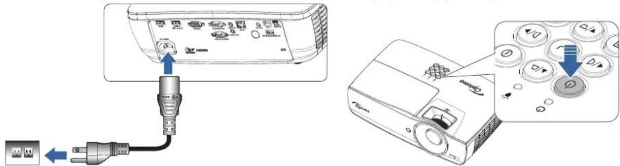 Diagram showing connection between a projector and its internal components, with labeled buttons and power connections.