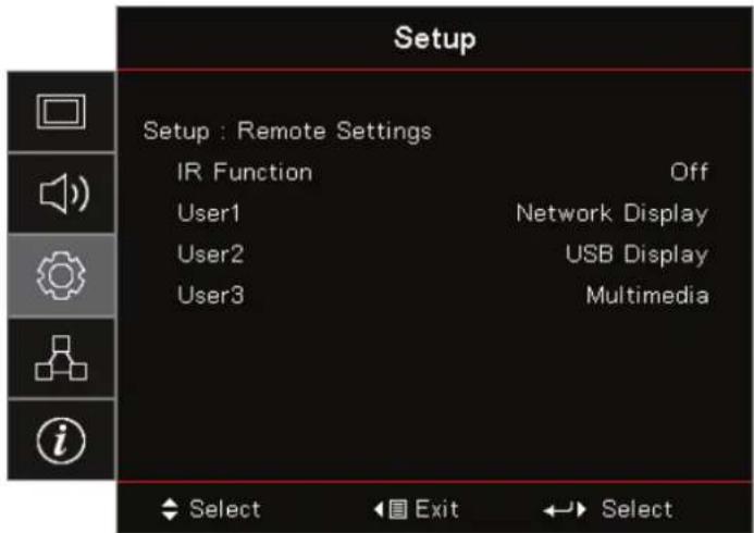 Setup Setup : Remote Settings IR Function Off User1 Network Display User2 USB Display User3 Multimedia Select Exit Select