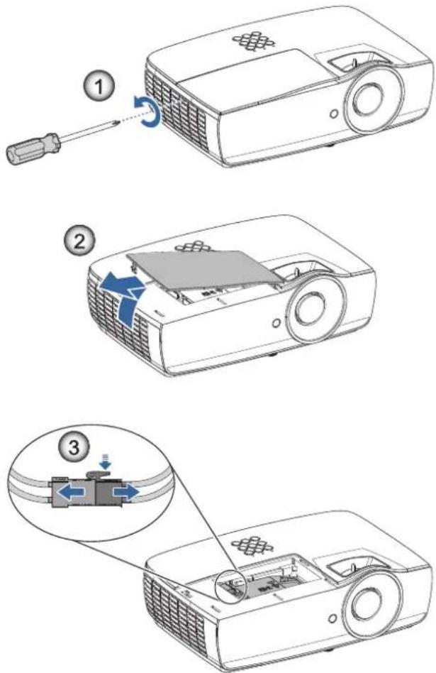 Diagram illustrating three-step installation of a projector with screwdriver, showing component disassembly and assembly steps.