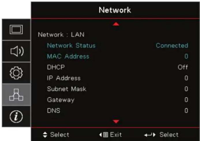 Network Network : LAN Network Status Connected MAC Address 0 DHCP Off IP Address 0 Subnet Mask 0 Gateway 0 DNS 0 Select Exit Select
