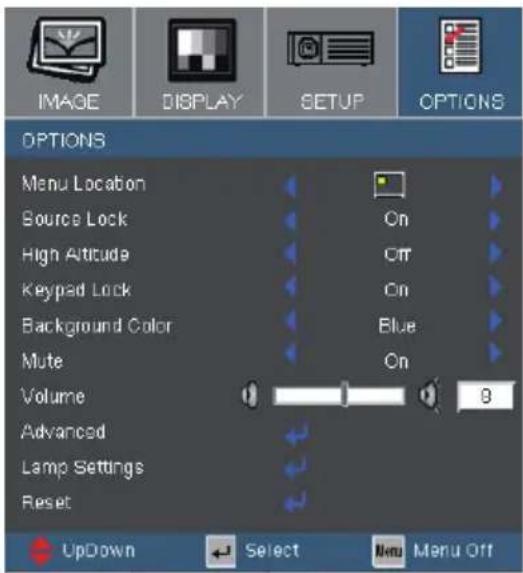 IMAGE DISPLAY SETUP OPTIONS Menu Location Source Lock High Altitude Keypad Lock Background Color Mute Volume Advanced Lamp Settings Reset UpDown Select Menu Off