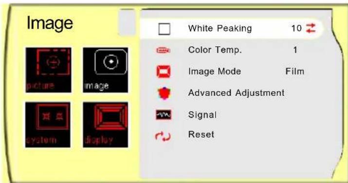 Image White Peaking 10 Color Temp. 1 Image Mode Film Advanced Adjustment Signal Reset