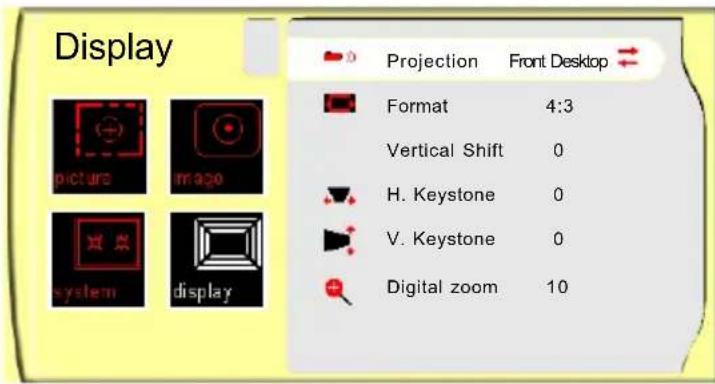 Display Projection Front Desktop Format 4:3 Vertical Shift 0 H. Keystone 0 V. Keystone 0 Digital zoom 10