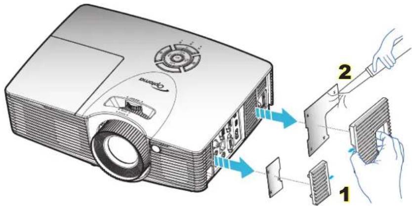 Diagram illustrating the process of an open projector with labeled parts and directional arrows indicating assembly steps.