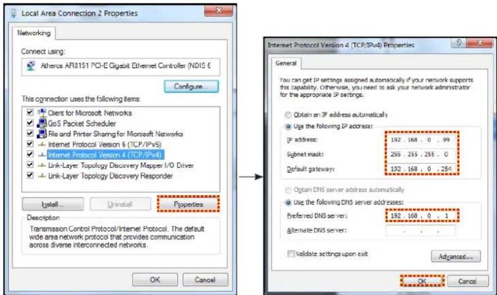 Local Area Connection 2 Properties Networking Connect using: Atheros AR8151 PCI-E Gigabit Ethernet Controller (NDIS €) Configure... This connection uses the following items: ✓ Client for Microsoft Networks ✓ QoS Packet Scheduler ✓ File and Printer Sharing for Microsoft Networks ✓ Internet Protocol Version 6 (TCP/IPv5) ✓ Internet Protocol Version 4 (TCP/IPv4) ✓ Link-Layer Topology Discovery Mapper I/O Driver ✓ Link-Layer Topology Discovery Responder Install... Uninstall Properties Description Transmission Control Protocol/Internet Protocol. The default wide area network protocol that provides communication across diverse interconnected networks. Internet Protocol Version 4 (TCP/IPv4) Properties General You can get IP settings assigned automatically if your network supports this capability. Otherwise, you need to ask your network administrator for the appropriate IP settings. ○ Obtain an IP address automatically ● Use the following IP address: IP address: 192 . 168 , 0 . 99 Subnet mask: 255 . 255 , 255 . 0 Default gateway: 192 . 168 , 0 . 254 ○ Obtain DNS server address automatically ● Use the following DNS server addresses: Preferred DNS server: 192 . 168 , 0 . 1 Alternate DNS server: . □ Validate settings upon exit Advanced... OK Cancel Cancel