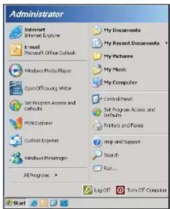 Administrator Internet Internet Explorer E-mail Microsoft Office Outlook Windows Media Player OpenOfficoung Viewer Set Program Access and Defaults MSN Explorer Outlook Express Windows Messenger All Programs My Documents My Recent Documents My Pictures My Music My Computer Control Panel Set Program Access and Defaults Printers and Files Help and Support Search Run... Log Off Turn Off Computer Start