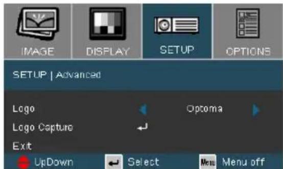 IMAGE DISPLAY SETUP OPTIONS SETUP | Advanced Logo Optoma Logo Capture Exit UpDown Select Menu Menu off