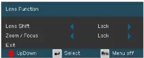 Lens Function Lens Shift Lock Zoom / Focus Lock Exit UpDown Select Menu off
