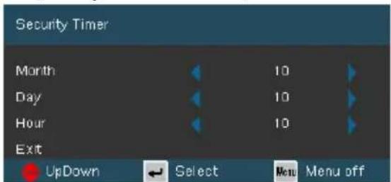 Security Timer Month 10 Day 10 Hour 10 Exit UpDown Select New Menu off