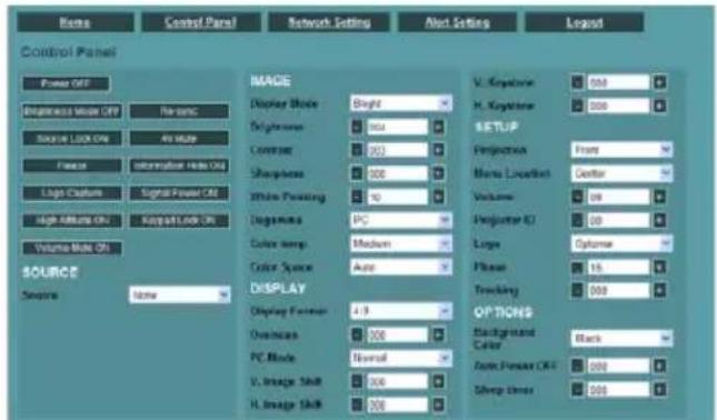 Control Panel Power OFF Business Value OFF Source Lock Off Focus Information Info On Light Channels Signal Power Off High Intens Off Keypad Lock On Volume Mode Off SOURCE Segments None IMAGE Display Mode Straight H. Keypad SETUP Projection Front Mens Location Center Volume Objective ID Large Optome Please Tracking OPTIONS Background Color Black Safe Press Off 200 Sharp Lines 200