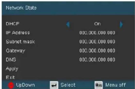 Network State DHCP On IP Address 000.000.000 000 Subnet mask 000.000.000 000 Gateway 000.000.000 000 DNS 000.000.000 000 Apply Exit UpDown Select Menu off