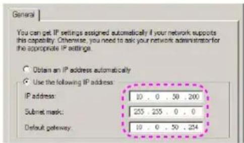 General You can get IP settings assigned automatically if your network supports this capability. Otherwise, you need to ask your network administrator for the appropriate IP settings. Obtain an IP address automatically Use the following IP address: IP address: 10 . 0 . 50 . 200 Submit mask: 255 . 255 . 0 . 0 Default gateway: 10 . 0 . 50 . 254