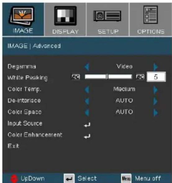 IMAGE | Advanced Degamma White Peaking Color Temp. De-Interface Color Space Input Source Color Enhancement Exit Video 5 Medium AUTO AUTO UpDown Select Menu off