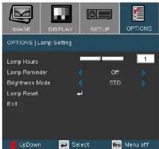 IMAGE DISPLAY SETUP OPTIONS OPTIONS | Lamp Setting Lamp Hours 1 Lamp Reminder Off Brightness Mode STD Lamp Reset Exit UpDown Select Menu Menu off
