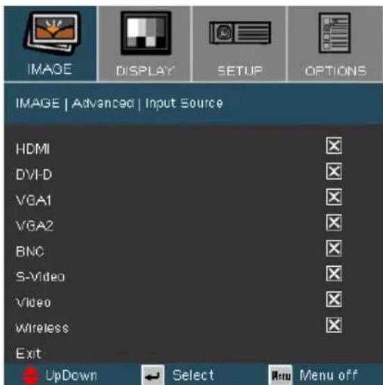 IMAGE | Advanced | Input Source HDMI DVD VGA1 VGA2 BNC S-Video Video Wireless Exit UpDown Select Menu off
