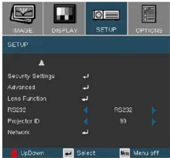 IMAGE DISPLAY SETUP OPTIONS SETUP Security Settings Advanced Lens Function RS232 Projector ID Network RS232 93 UpDown Select Menu Menu off