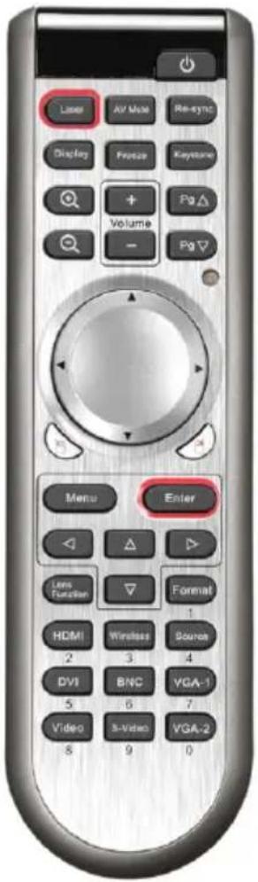 Laser AV Mode Re-sync Display Freeze Keystone + Volume - Pg △ Pg ▼ Menu Enter Lens Function Format 1 HDMI Wireless Source 2 3 4 DVI BNC VGA-1 5 6 7 Video 8-Video VGA-2 9 0