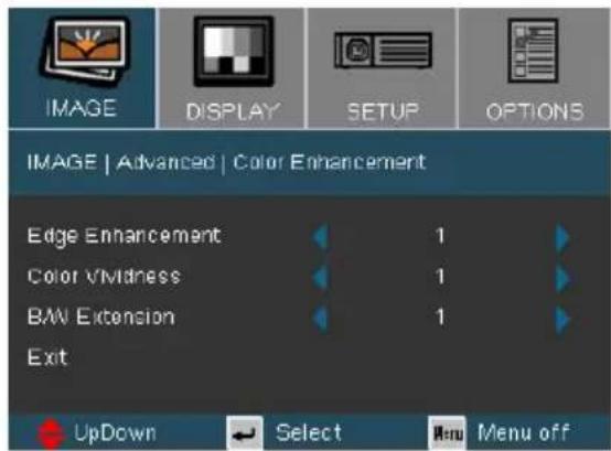 IMAGE | Advanced | Color Enhancement Edge Enhancement 1 Color Vlmdness 1 BMW Extension 1 Exit UpDown Select Menu off