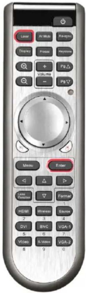 Laser JV Muto Re-sync Display Prison Keystone + Volume - Pa Pg Pg▼ Menu Enter Lens Function ▽ Format 1 HDMI Wireless Source 2 3 4 DVI BNC VGA-1 5 6 7 Video S-Video VGA-2 8 9 0