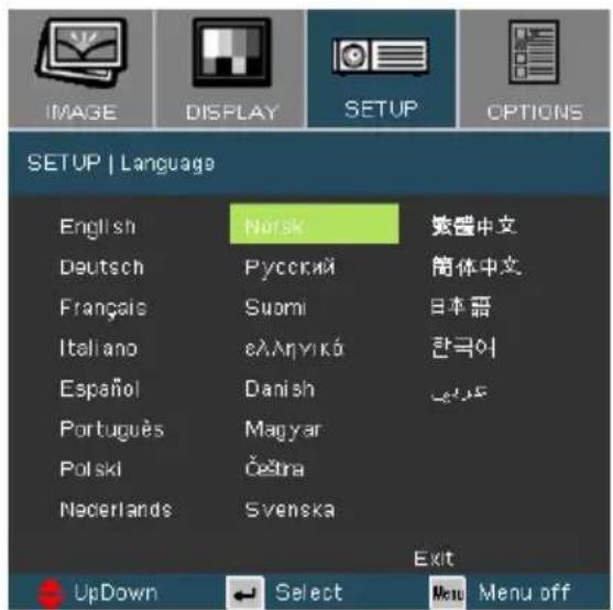 SETUP | Language English Norsk €€€中文 Deutsch Rysckii 简体中文 Français Suomi 日本語 Italiano eλληνικό 한국어 Español Danish €€€ Português Magyar Polski Češtra Nederlands Svenska Exit UpDown Select Men Menu off
