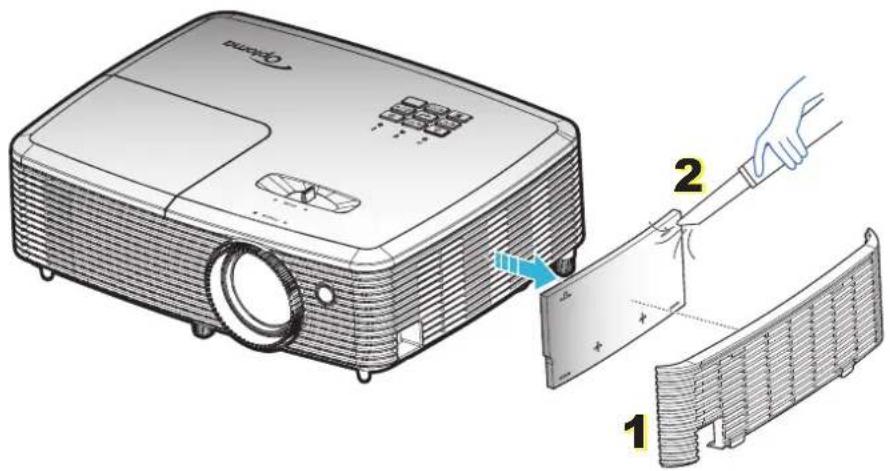 Diagram showing a projector with labeled parts and a hand holding a clip, illustrating the process of adding or removing a slide.