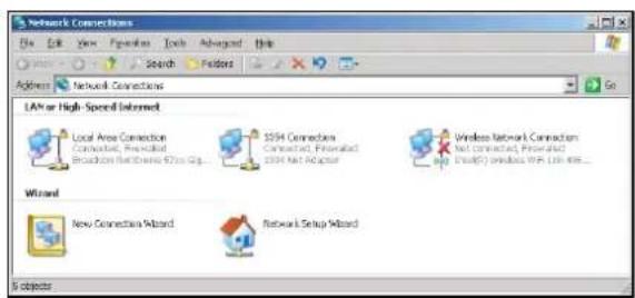 Network Connections File Edit View Insert Tools Advanced Help Address Network Connections LAM or High-Speed Internet Local Area Connection Connected, Precisal Broadband Net Theme 672x Gip... 5594 Connections Connected, Precisal 2004 Net Adapter Wireless Network Connection Net connected, Precisal DSL(+) wireless WA Link 488... Wizard New Connection Wizard Network Setup Wizard S objects