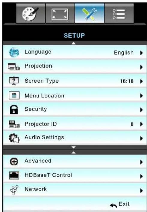 SETUP Language English ▶ Projection Screen Type 16:10 ▶ Menu Location Security Projector ID 0 ▶ Audio Settings Advanced HDBaseT Control Network Exit