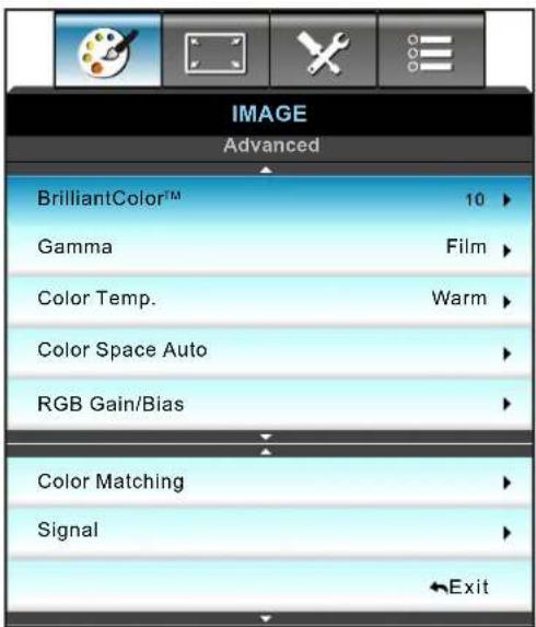 IMAGE Advanced BrilliantColor™ 10 ► Gamma Film ► Color Temp. Warm ► Color Space Auto ► RGB Gain/Bias ► Color Matching ► Signal ► Exit