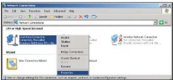 Network Connections File Edit View Favorites Tools Advanced Help Address Network Connections LAN or High-Speed Internet Local Area Connection Connections, Preloaded Product NetShane 57.1 (G) Wizard New Connection Wizard Details Status Repair Bridge Connections Create Short-cut Enerse Properties Wireless Network Connection For connector, Preloaded Edge Transfer Wireless WITH LAN &G... Wizard New or Lower settings for this connection, such as adapter, protocol, or mode configuration settings.