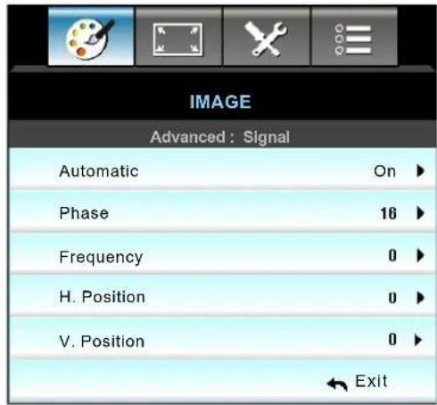 IMAGE Advanced : Signal Automatic On ► Phase 16 ► Frequency 0 ► H. Position 0 ► V. Position 0 ► Exit