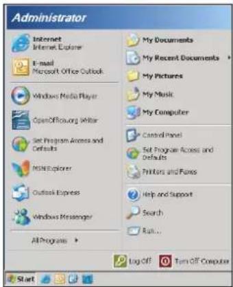 Administrator Internet Internet Explorer E-mail Microsoft Office Outlook Windows Media Player OpenOfficow.org Writer Set Program Access and Defaults MSN Explorer Outlook Express Windows Messenger All Programs ▶ My Documents My Recent Documents My Pictures My Music My Computer Control Panel Set Program Access and Defaults Printers and Frames Help and Support Search Run... Log Off Turn Off Computer Start