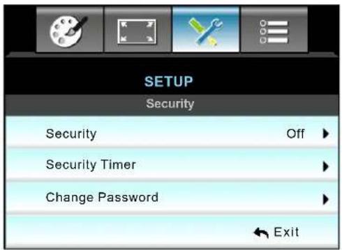 SETUP Security Security Off Security Timer Change Password Exit