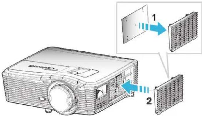 Diagram of a projector with labeled components and internal structure, showing parts 1 and 2 with blue arrows indicating flow or assembly.