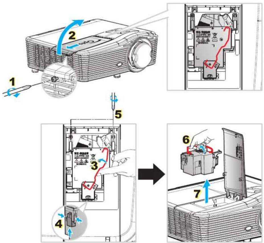 Diagram illustrating the step-by-step installation of a projector module, showing component positioning and assembly steps.