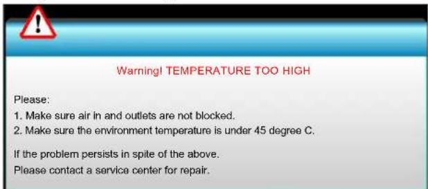 Warning! TEMPERATURE TOO HIGH Please: 1. Make sure air in and outlets are not blocked. 2. Make sure the environment temperature is under 45 degree C. If the problem persists in spite of the above. Please contact a service center for repair.