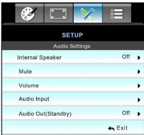 SETUP Audio Settings Internal Speaker Off ▶ Mute ► Volume ► Audio Input ► Audio Out(Standby) Off ► Exit