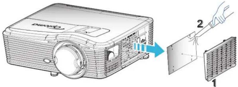 Diagram showing the internal structure and assembly of a projector, with labeled parts 1 and 2.