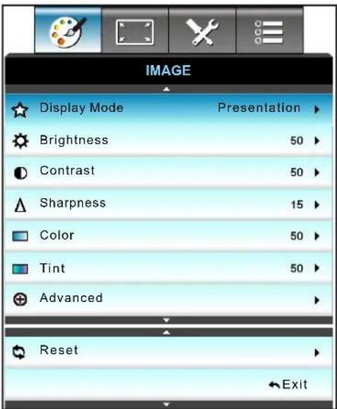 IMAGE Display Mode Presentation Brightness 50 Contrast 50 Sharpness 15 Color 50 Tint 50 Advanced Reset Exit