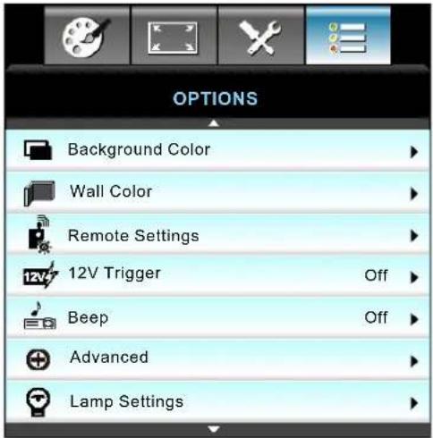 OPTIONS Background Color Wall Color Remote Settings 12V Trigger Off Beep Off Advanced Lamp Settings