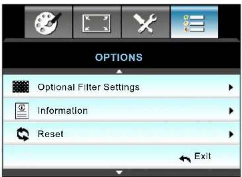 OPTIONS Optional Filter Settings Information Reset Exit