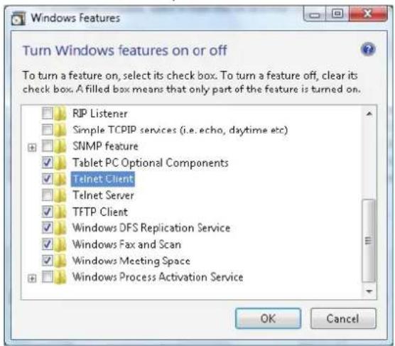 Windows Features Turn Windows features on or off To turn a feature on, select its check box. To turn a feature off, clear its check box. A filled box means that only part of the feature is turned on. RIP Listener Simple TCPIP services (i.e. echo, daytime etc) SNMP feature Tablet PC Optional Components Telnet Client Telnet Server TFTP Client Windows DFS Replication Service Windows Fax and Scan Windows Meeting Space Windows Process Activation Service OK Cancel