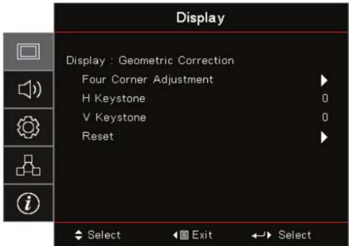 Display Display : Geometric Correction Four Corner Adjustment H Keystone V Keystone Reset Select Exit Select
