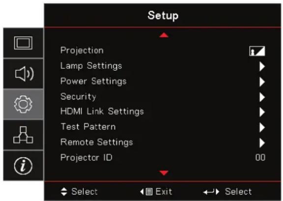Setup Projection Lamp Settings Power Settings Security HDMI Link Settings Test Pattern Remote Settings Projector ID 00 Select Exit Select