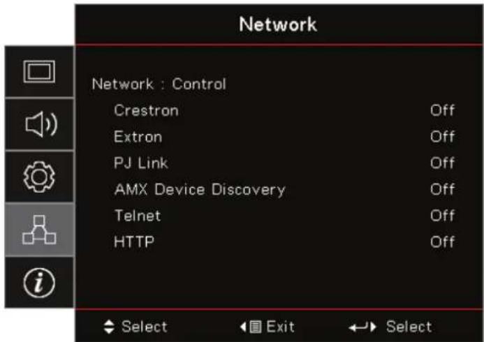 Network Network : Control Crestron Off Extron Off PJ Link Off AMX Device Discovery Off Telnet Off HTTP Off Select Exit Select