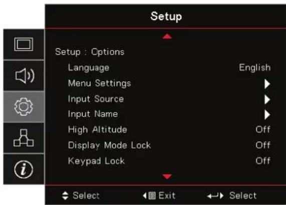 Setup Setup : Options Language English Menu Settings Input Source Input Name High Altitude Off Display Mode Lock Off Keypad Lock Off Select Exit Select