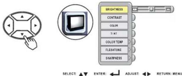 BRIGHTNESS CONTRAST COLOR TIKT COLOR TEMP FLESTONE SHARPNESS SELECT: ▲ ENTER: ← ADJUST: ← RETURN: MENU