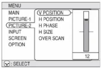 MENU MAIN PICTURE-1 PICTURE-2 INPUT SCREEN OPTION V POSITION H POSITION H PHASE H SIZE OVER SCAN 12 : SELECT