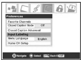 Preferences Favorite Channels Closed Caption Mode Off Closed Caption Advanced Input Labeling Menu Language English Home CH Setup Navigate Select Edit Back En Exit