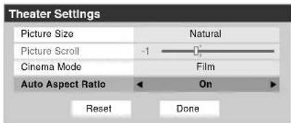 Theater Settings Picture Size Natural Picture Scroll -1 Cinema Mode Film Auto Aspect Ratio On Reset Done