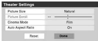 Theater Settings Picture Size Natural Picture Scroll -- Cinema Mode Film Auto Aspect Ratio On Reset Done